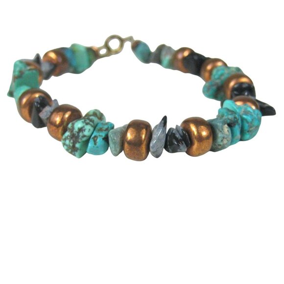 Handcrafted Turquoise Stone Copper Bead Bracelet Snowflake Agate Chip Black - Picture 1 of 6